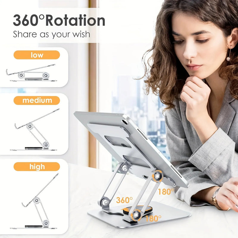 360° Rotatable Adjustable Tablet Stand, Aluminum Alloy Foldable Phone Holder with Multi-Angle Adjustment, Compatible with 4.7-12.9 Inch Devices