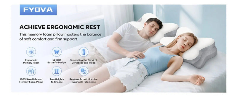Ergonomic Butterfly Memory Foam Neck Pillow for Neck Pain Relief, Cervical Pillow for Side Back Stomach Sleepers, Washable Pillowcase