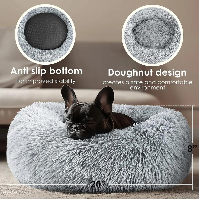 50cm Calming Donut Dog Bed, Fluffy Plush Round Cat Bed with Anti-Slip Bottom, Washable Pet Bed for Small Dogs and Cats