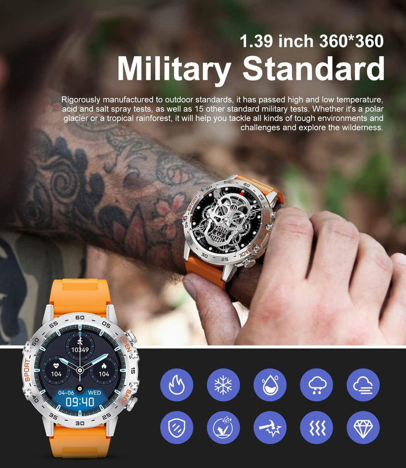 Outdoor Tactical Smartwatch, 1.39" IPS Screen, 120+ Sports Modes, Health Monitoring, Bluetooth Call, Fitness Tracker for Men