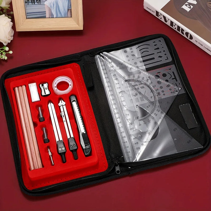 Professional Drafting Drawing Tool Set with Zipper Case, Complete Geometry Kit for Students, Engineers, Architects