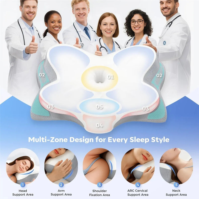 Ergonomic Butterfly Memory Foam Neck Pillow for Neck Pain Relief, Cervical Pillow for Side Back Stomach Sleepers, Washable Pillowcase