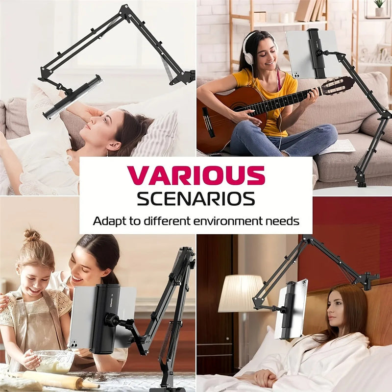 Adjustable Overhead Tablet Stand, 360° Rotating Foldable Arm Phone Holder, Desk Mount for 4.7-12.9" Phones & Tablets