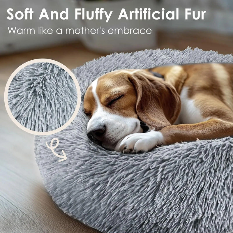 50cm Calming Donut Dog Bed, Fluffy Plush Round Cat Bed with Anti-Slip Bottom, Washable Pet Bed for Small Dogs and Cats