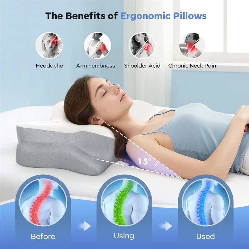 Ergonomic Butterfly Memory Foam Neck Pillow for Neck Pain Relief, Cervical Pillow for Side Back Stomach Sleepers, Washable Pillowcase