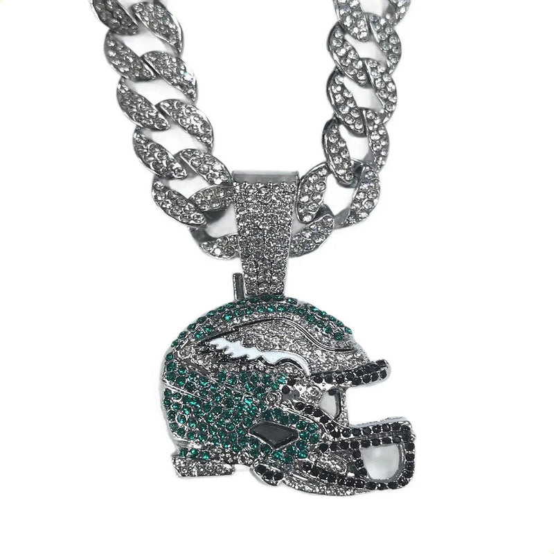 Philadelphia Eagles Helmet Iced Out Cuban Link Chain Necklace, Hip Hop Bling Pendant for Men, Sports Fan Jewelry