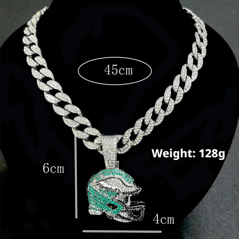 Philadelphia Eagles Helmet Iced Out Cuban Link Chain Necklace, Hip Hop Bling Pendant for Men, Sports Fan Jewelry