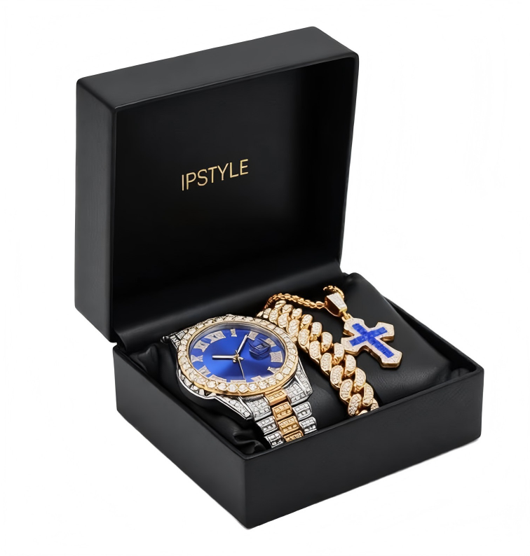 IPSTYLE Men's Quartz Watch Classic Hip Hop Bracelet And Necklace Party Wear
