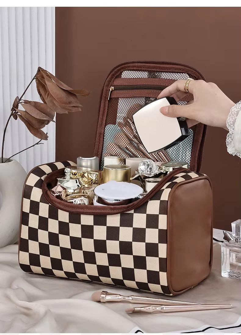Handheld and Portable Checkerboard Patterned Makeup Bag with Large Capacity and Mesh Compartment