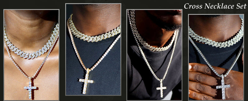 Iced Out Zirconia Cuban Link Chain Necklace, Men Cross Pendant Necklace Set, Hip Hop Bling for Men