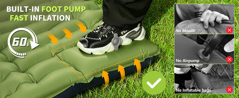 Camping Sleeping Pad, Ultralight Camping Mat with Pillow, Built-in Foot Pump Inflatable Sleeping Pads Compact for Camping Backpacking Hiking Traveling Tent,Single,Green