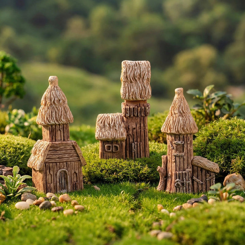 African Tribal Thatched House Miniature Set – 3 Different Styles Resin Micro Landscape Ornament(3PCS)