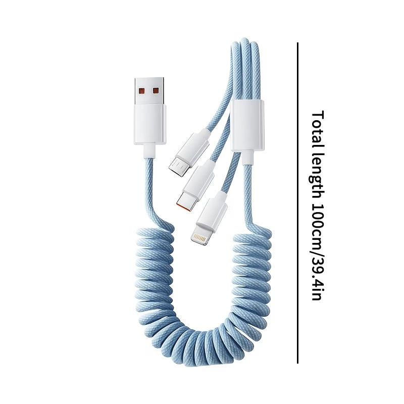 1.5M 3-In-1 Braided Fast Charging Cable, 66W USB To Type-C/Lightning/Micro USB