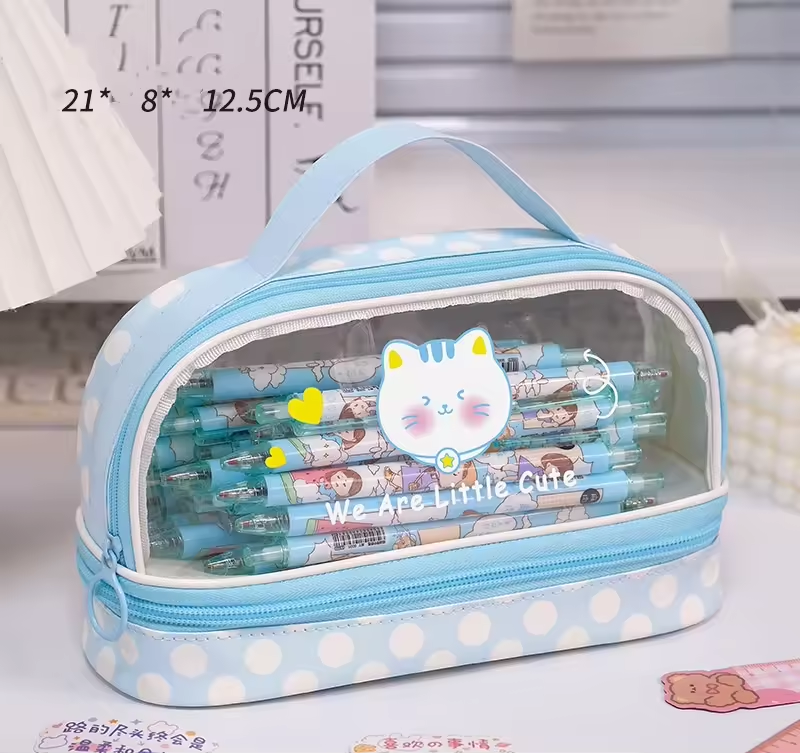High-Appearance Double Cute Transparent Pen Bag Large Capacity Simple Zipper Student Portable Pencil Case Pencil Pouch