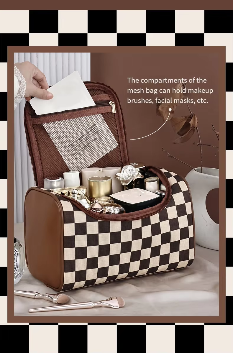 Handheld and Portable Checkerboard Patterned Makeup Bag with Large Capacity and Mesh Compartment