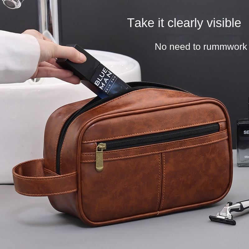 Contrast Color Men's PU Wash Bag Medium Capacity Waterproof Zipper Closure Side Handle Portable Cosmetic Storage Travel Fitness