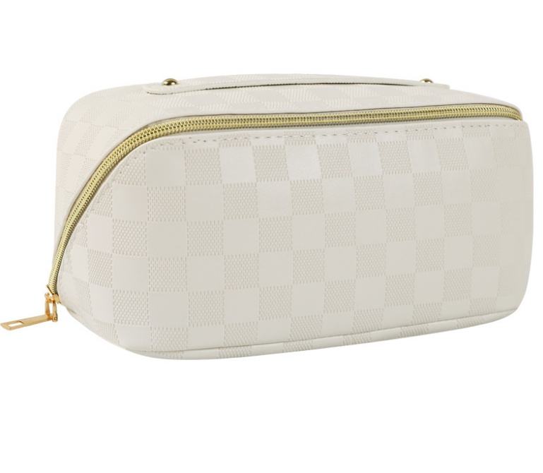 Fashionable Large Capacity Travel Portable Cosmetic Bag with Zipper Simple Checkerboard PU Waterproof Makeup Bag