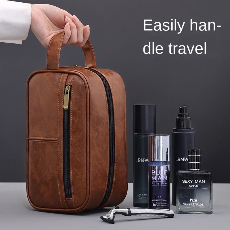 Contrast Color Men's PU Wash Bag Medium Capacity Waterproof Zipper Closure Side Handle Portable Cosmetic Storage Travel Fitness