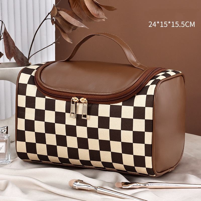 Handheld and Portable Checkerboard Patterned Makeup Bag with Large Capacity and Mesh Compartment