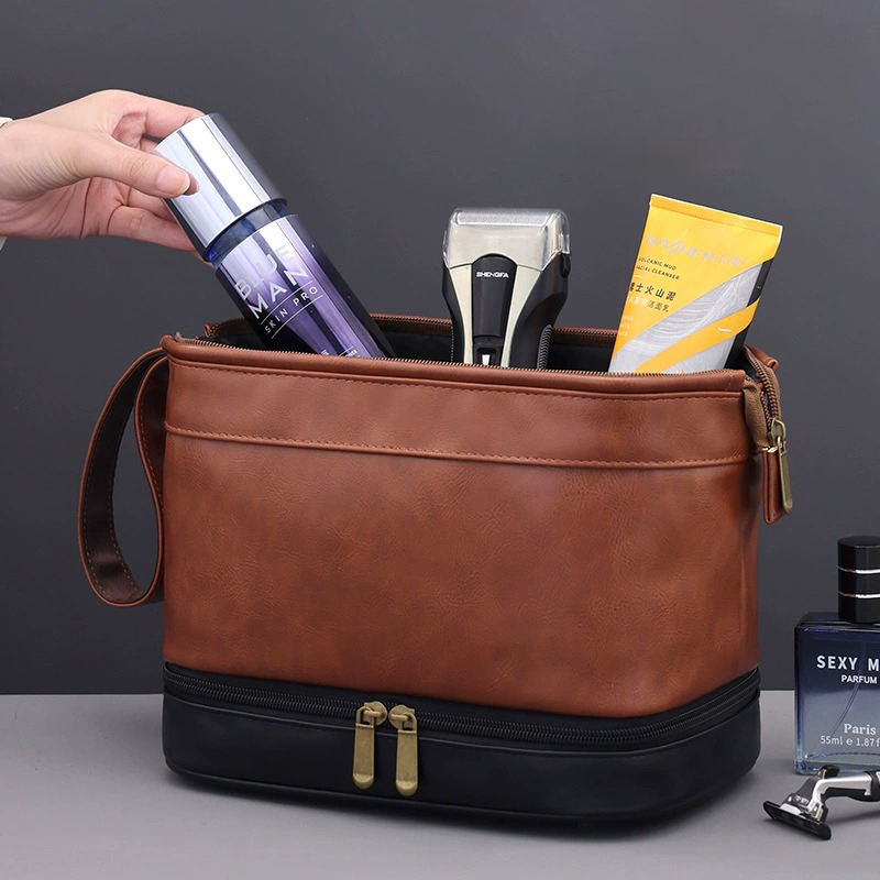 Business Trips Large Capacity Travel Toiletry Bag for Men Vintage Double Layer Design Multifunctional Portable Handheld Case