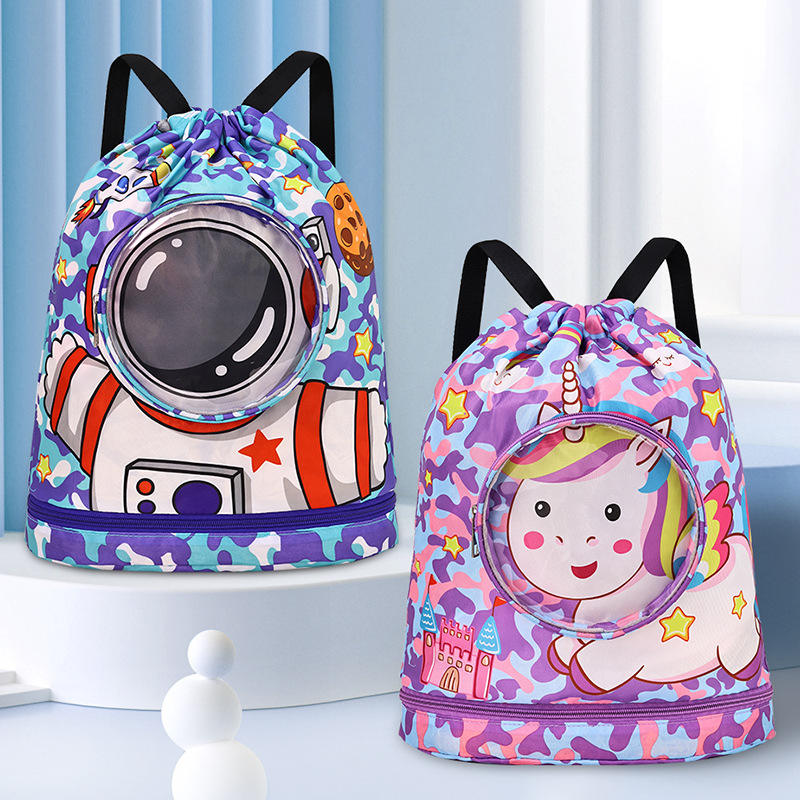 Children's Polyester Swimming Bag with Wet/Dry Separation Shoe Compartment Backpack Travel Cartoon Storage Beach Bag