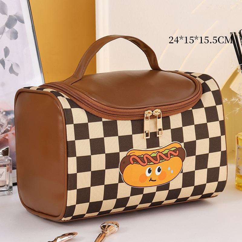 Handheld and Portable Checkerboard Patterned Makeup Bag with Large Capacity and Mesh Compartment