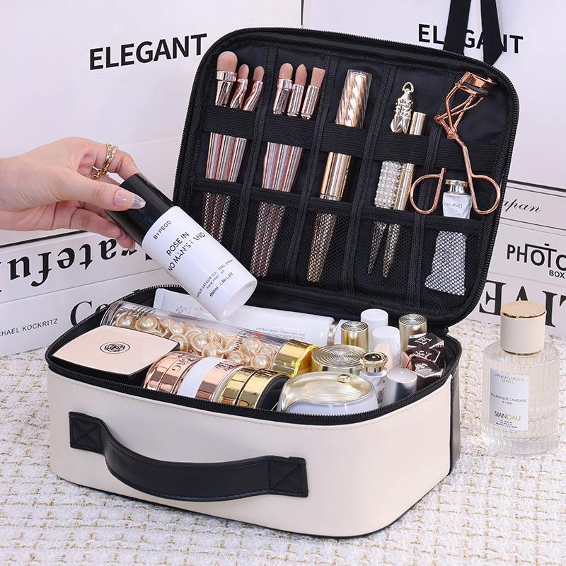 Brushes Travel Size Square Makeup Organizer Case Zipper PU Chic Two Tone Style Multiple Pockets Waterproof Portable Cosmetic