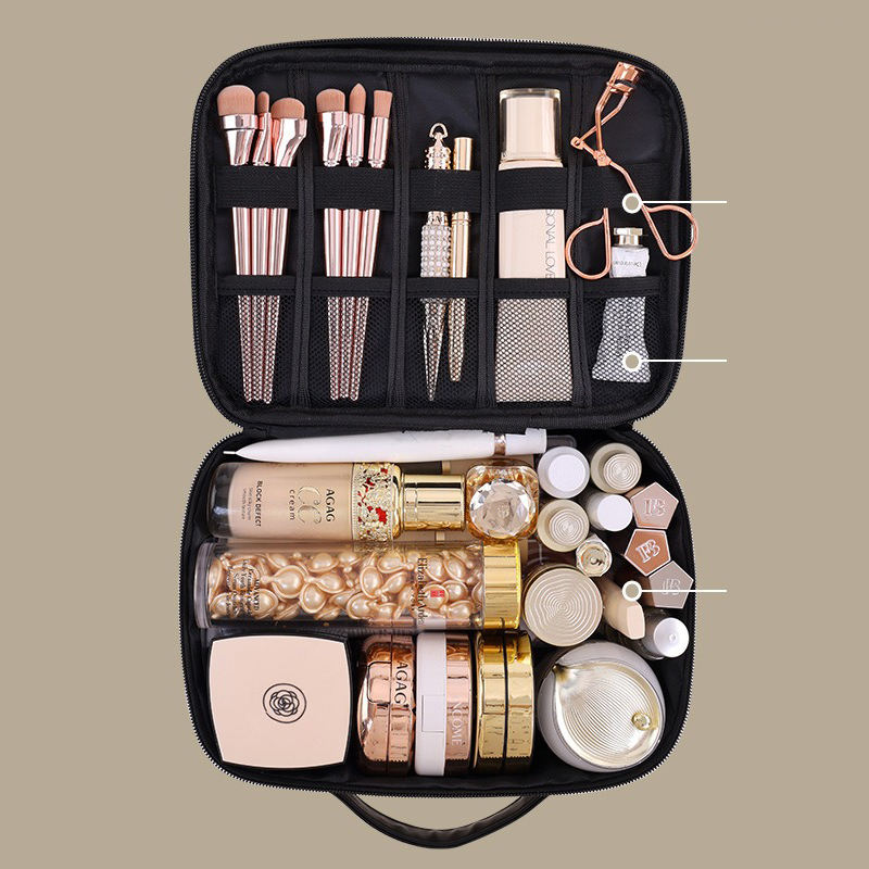 Brushes Travel Size Square Makeup Organizer Case Zipper PU Chic Two Tone Style Multiple Pockets Waterproof Portable Cosmetic
