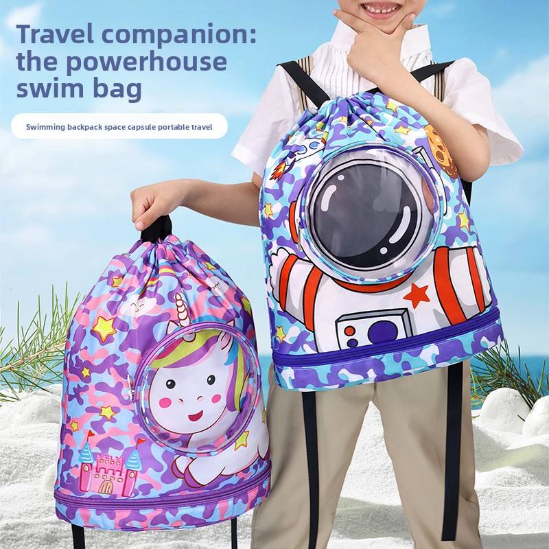 Children's Polyester Swimming Bag with Wet/Dry Separation Shoe Compartment Backpack Travel Cartoon Storage Beach Bag