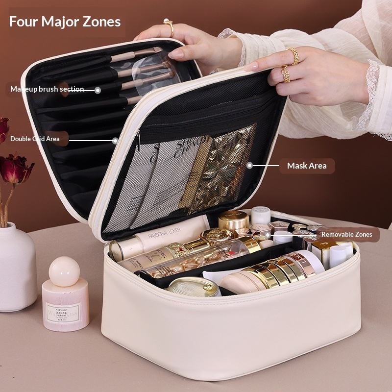 New Double Layer Makeup Bag - 4 Compartment Travel Cosmetic Organizer, Portable Toiletry Case & Multi-Function Vanity Tray