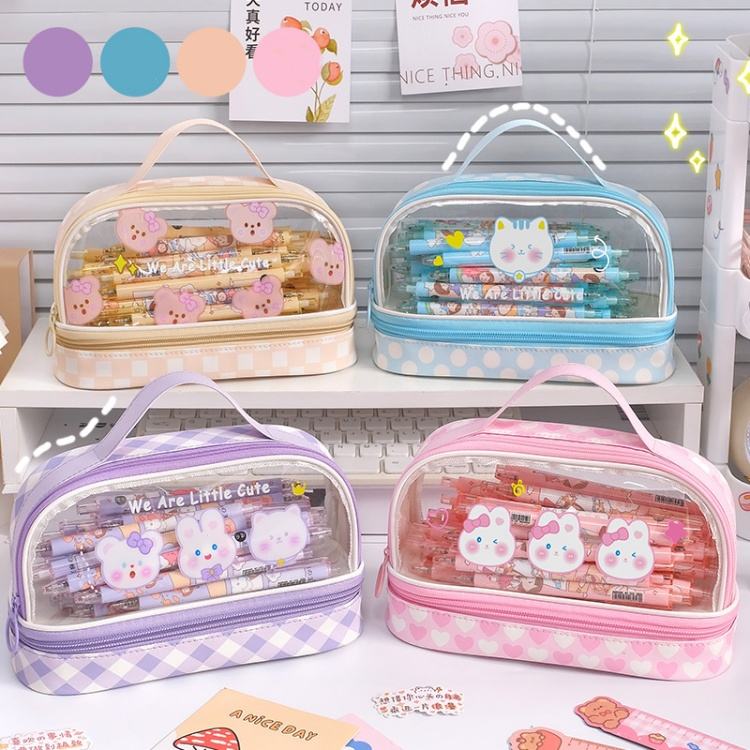 High-Appearance Double Cute Transparent Pen Bag Large Capacity Simple Zipper Student Portable Pencil Case Pencil Pouch