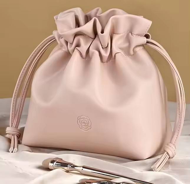 Elegant Soft PU Leather Drawstring Cosmetic Bag Portable Waterproof Makeup Pouch for Woman Travel Toiletry Organizer