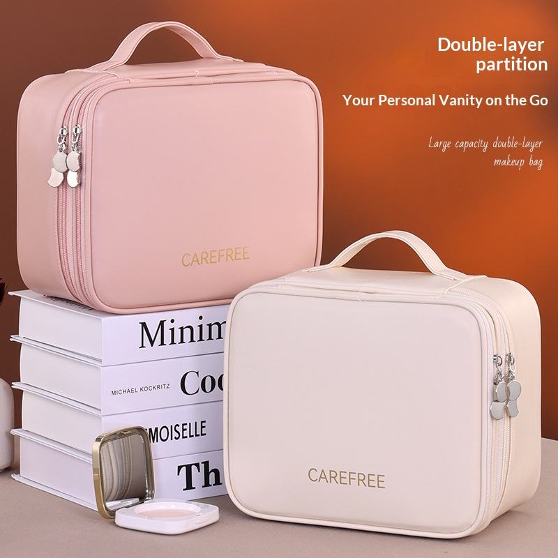 New Double Layer Makeup Bag - 4 Compartment Travel Cosmetic Organizer, Portable Toiletry Case & Multi-Function Vanity Tray