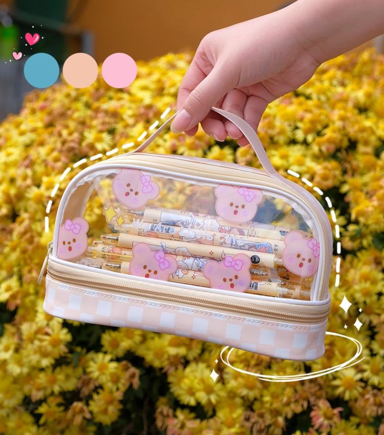 High-Appearance Double Cute Transparent Pen Bag Large Capacity Simple Zipper Student Portable Pencil Case Pencil Pouch