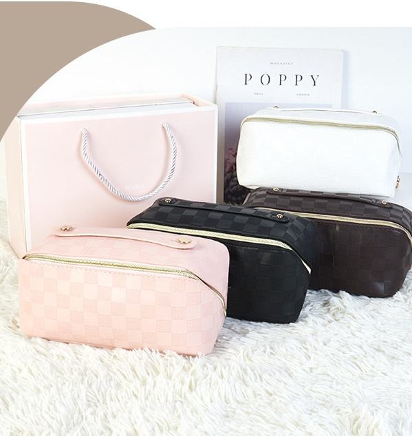 Fashionable Large Capacity Travel Portable Cosmetic Bag with Zipper Simple Checkerboard PU Waterproof Makeup Bag