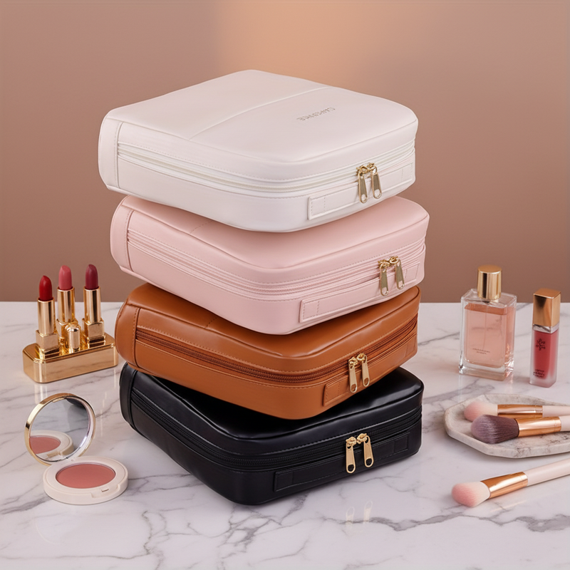 Portable PU Standing Makeup Bag Zipper Closure Letter Soft Handle Large Capacity for Professional Beauty Cosmetics Storage