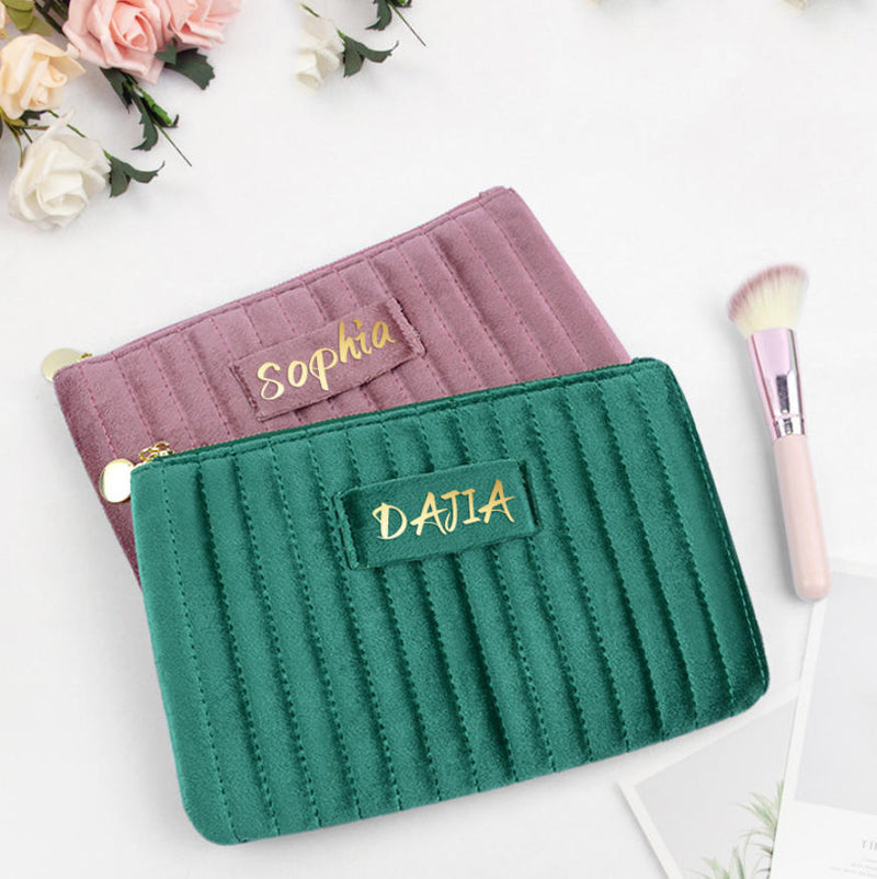 Soft Durable Velvet Cosmetic Bags Large Zipper Striped Portable Makeup Pouch Travel Quilted Beauty Storage Bag
