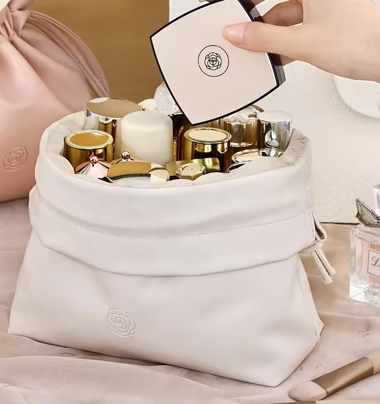Elegant Soft PU Leather Drawstring Cosmetic Bag Portable Waterproof Makeup Pouch for Woman Travel Toiletry Organizer