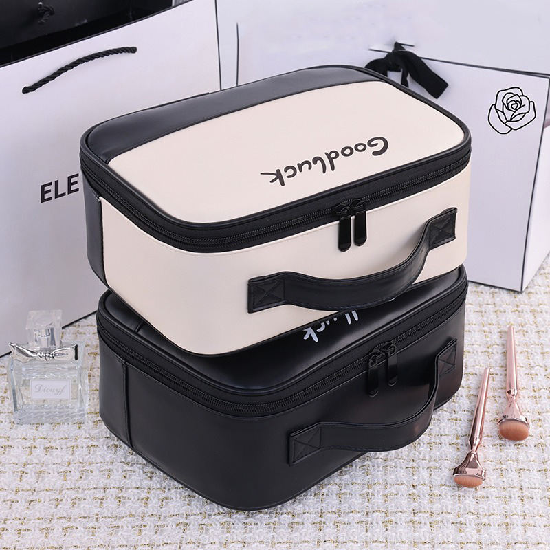Brushes Travel Size Square Makeup Organizer Case Zipper PU Chic Two Tone Style Multiple Pockets Waterproof Portable Cosmetic