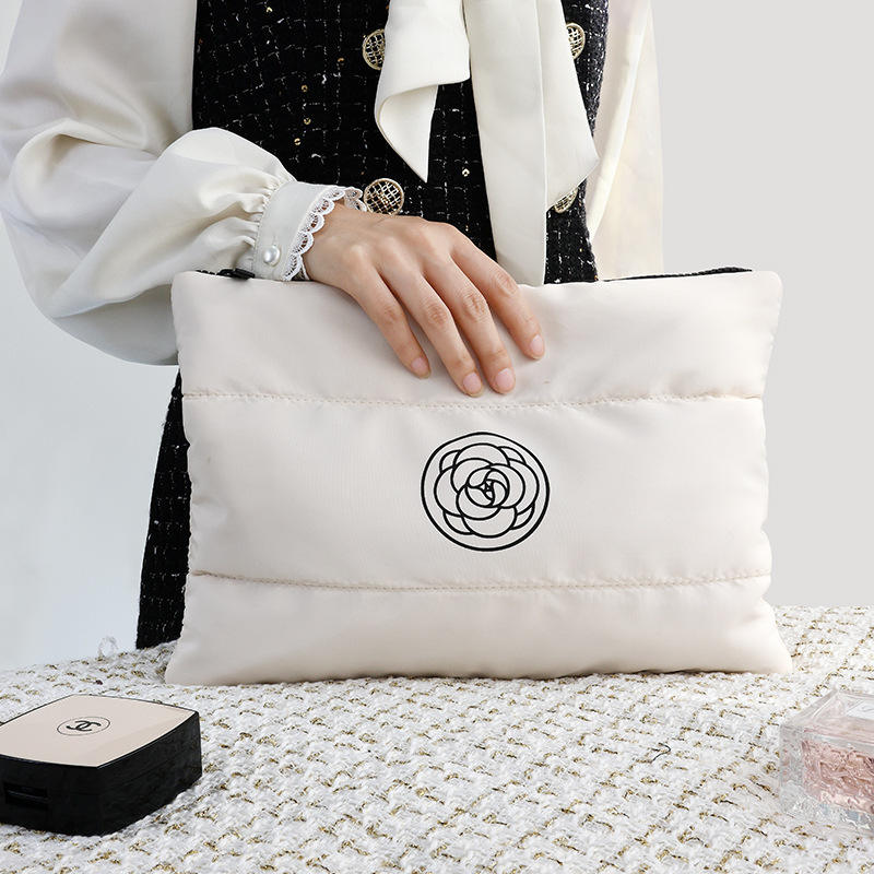 New  Down Cotton Nylon Soft Lightweight Puffer Puffy Fluffy Quilted Makeup Cosmetic Bag Travel Makeup Pouch
