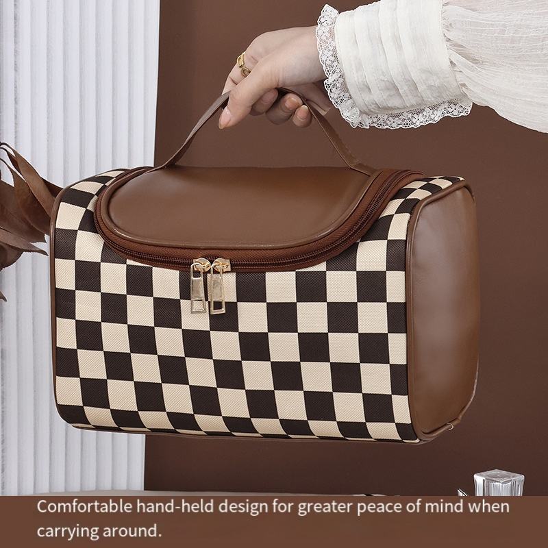 Handheld and Portable Checkerboard Patterned Makeup Bag with Large Capacity and Mesh Compartment