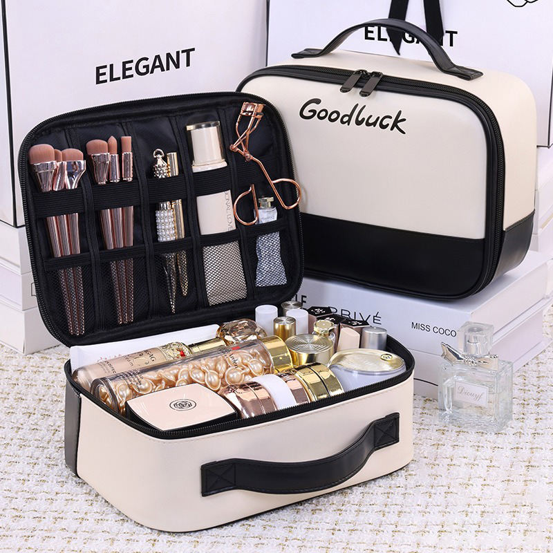 Brushes Travel Size Square Makeup Organizer Case Zipper PU Chic Two Tone Style Multiple Pockets Waterproof Portable Cosmetic
