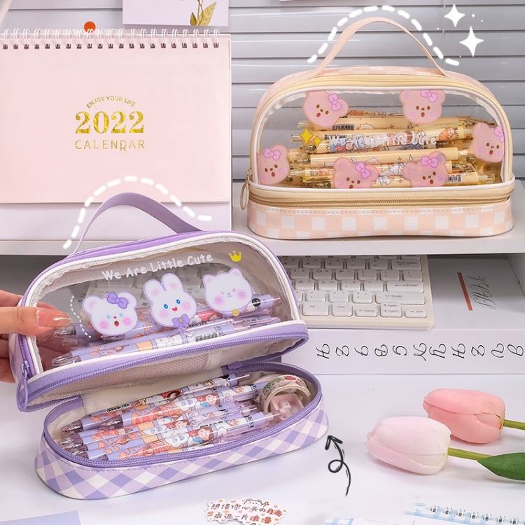 High-Appearance Double Cute Transparent Pen Bag Large Capacity Simple Zipper Student Portable Pencil Case Pencil Pouch