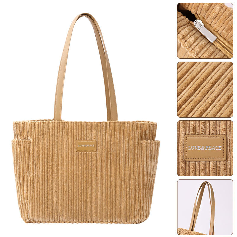 Women's Corduroy Tote Bag Large Capacity Casual Shoulder Handbag