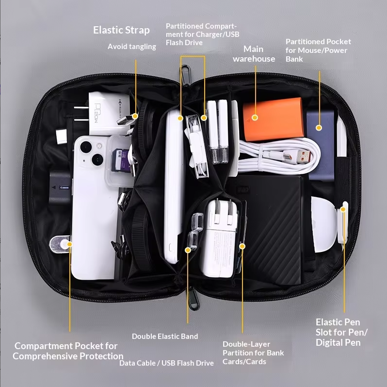 High Quality PU Leather Tech Organizer Power Bank Cable OEM ODM Waterproof Business Travel Storage Bag
