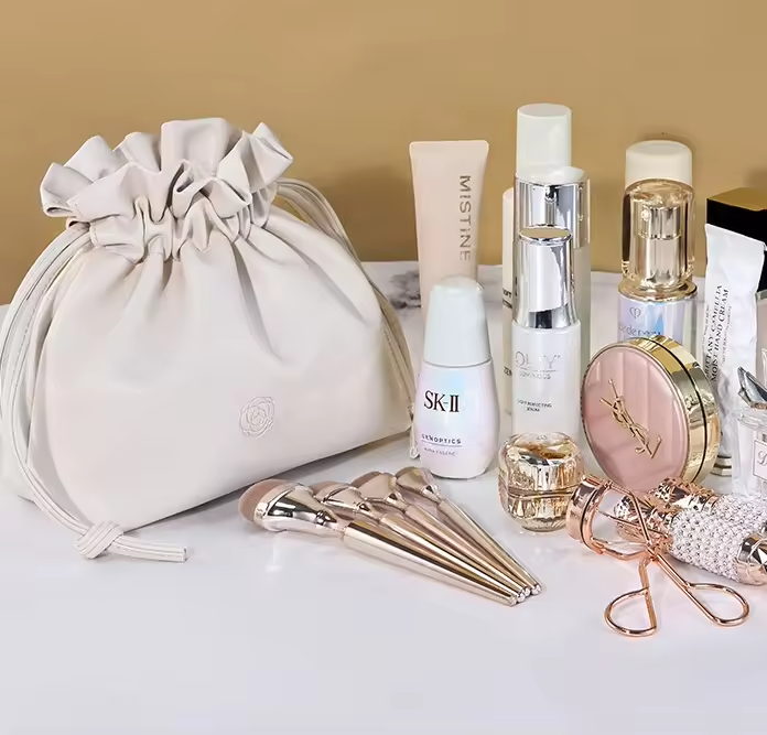 Elegant Soft PU Leather Drawstring Cosmetic Bag Portable Waterproof Makeup Pouch for Woman Travel Toiletry Organizer