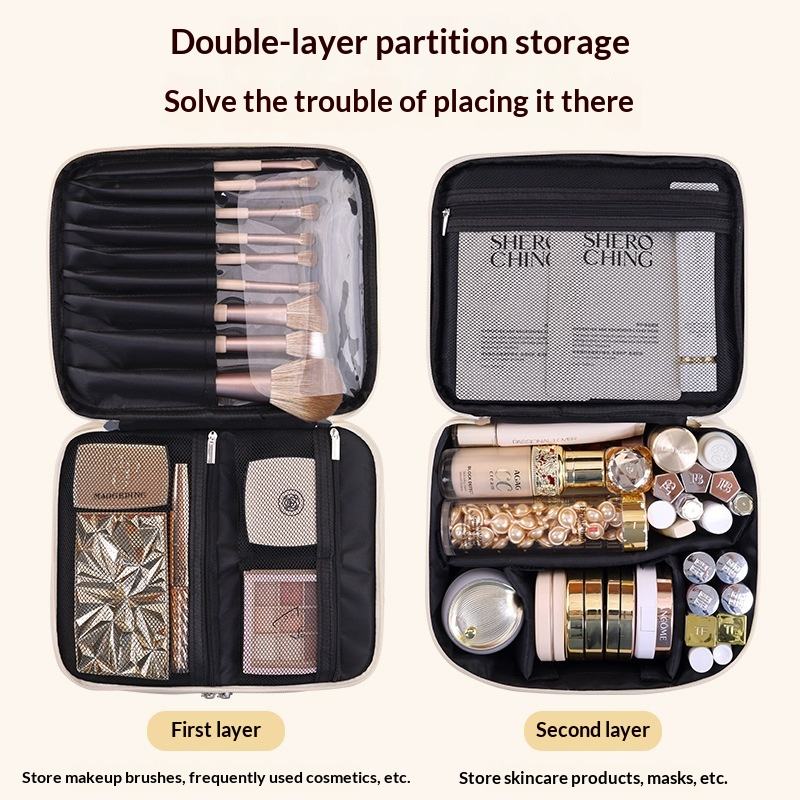 New Double Layer Makeup Bag - 4 Compartment Travel Cosmetic Organizer, Portable Toiletry Case & Multi-Function Vanity Tray