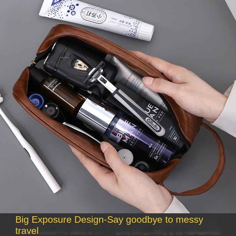 Contrast Color Men's PU Wash Bag Medium Capacity Waterproof Zipper Closure Side Handle Portable Cosmetic Storage Travel Fitness