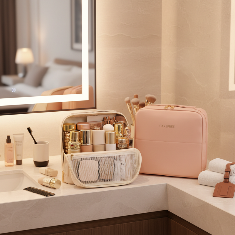 Portable PU Standing Makeup Bag Zipper Closure Letter Soft Handle Large Capacity for Professional Beauty Cosmetics Storage