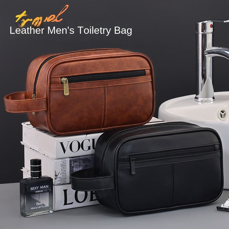Contrast Color Men's PU Wash Bag Medium Capacity Waterproof Zipper Closure Side Handle Portable Cosmetic Storage Travel Fitness